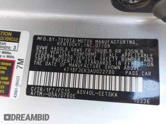 2010 Toyota Camry with VIN 4T1BF3EK3AU022700, listed as a IAAI auction lot 42138603 with 159,740 mi miles and . Bid and sale history available at DreamBid. Image 9.
