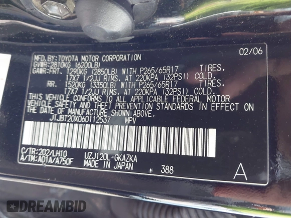 2006 Lexus GX 470 z VIN JTJBT20X060112537, wystawiony jako IAAI lot #42118423 z przebiegiem 292 557 mil mil oraz . Historia ofert i sprzedaży dostępna na DreamBid. Obrazek 9.