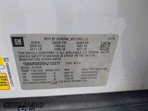 2017 GMC Acadia Limited z VIN 1GKKRSKD9HJ133277, wystawiony jako IAAI lot #37560373 z przebiegiem 94 282 mil mil oraz . Historia ofert i sprzedaży dostępna na DreamBid. Obrazek 9.