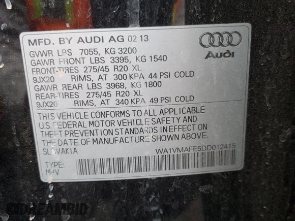 2013 Audi Q7 Prestige with VIN WA1VMAFE5DD012415, listed as a Copart auction lot 48998785 with 174,951 mi miles and Salvage title. Bid and sale history available at DreamBid. Image 13.