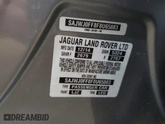 2015 Jaguar XF Portfolio with VIN SAJWJ0FF8F8U65883, listed as a Copart auction lot 55783945 with 133,431 mi miles and Salvage Title. Bid and sale history available at DreamBid. Image 12.