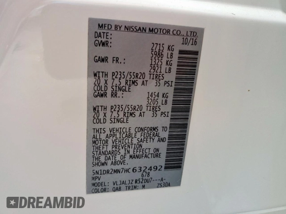 2017 Nissan Pathfinder Platinum с VIN 5N1DR2MN7HC632492, выставлен на аукционе Copart как лот 60249745 с пробегом 73 355 миль миль и Списание • Salvage title. История ставок и продаж доступна на DreamBid. Изображение 13.