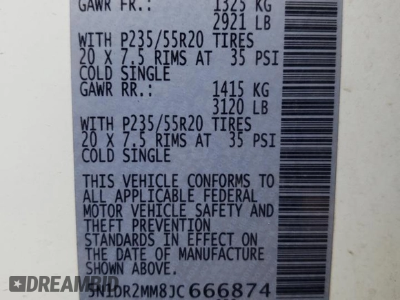 2018 Nissan Pathfinder Platinum with VIN 5N1DR2MM8JC666874, listed as a Copart auction lot 76594074 with 258,012 mi miles and Salvage title. Bid and sale history available at DreamBid. Image 15.