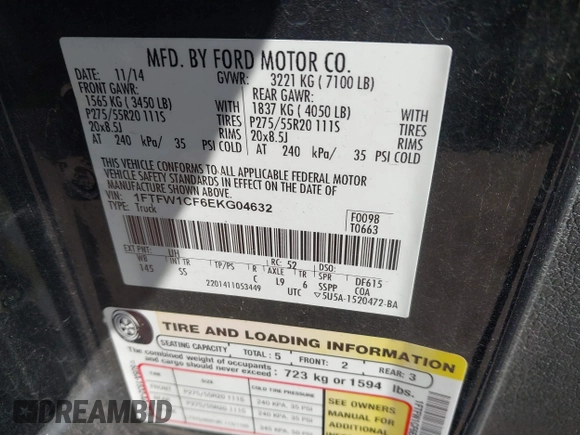 2014 Ford F-150 XL with VIN 1FTFW1CF6EKG04632, listed as a IAAI auction lot 41333274 with 153,094 mi miles. Bid and sale history available at carsss.com. Image 9.