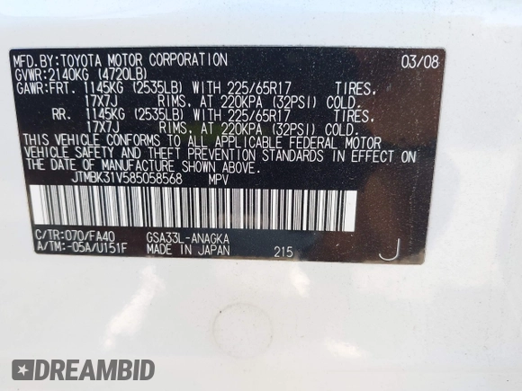 2008 Toyota RAV4 Ltd with VIN JTMBK31V585058568, listed as a IAAI auction lot 42049063 with 1 mi miles. Bid and sale history available at carsss.com. Image 9.