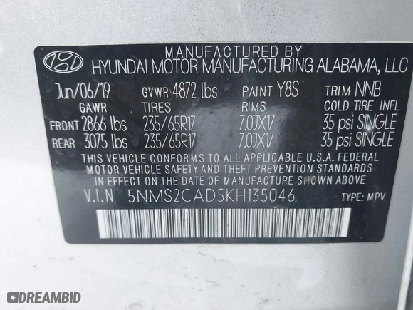 2019 Hyundai Santa Fe SE with VIN 5NMS2CAD5KH135046, listed as a IAAI auction lot 41620700 with 1 mi miles. Bid and sale history available at carsss.com. Image 9.