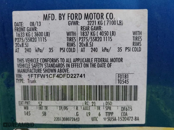 2013 Ford F-150 XL with VIN 1FTFW1CF4DFD22741, listed as a IAAI auction lot 41142876 with 1 mi miles. Bid and sale history available at carsss.com. Image 9.