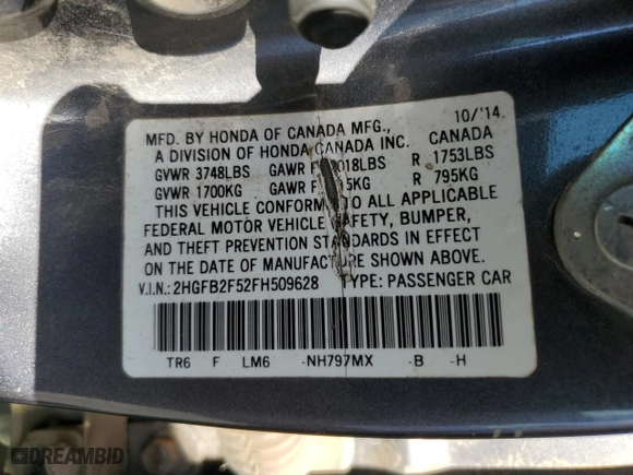 2015 Honda Civic Sedan LX with VIN 2HGFB2F52FH509628, listed as a Copart auction lot 46159885 with 150,759 mi miles and Salvage Title. Bid and sale history available at carsss.com. Image 13.