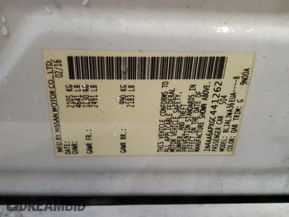 2016 Nissan Maxima SV with VIN 1N4AA6APXGC441262, listed as a Copart auction lot 57085125 with 130,107 mi miles and Salvage title. Bid and sale history available at DreamBid. Image 13.