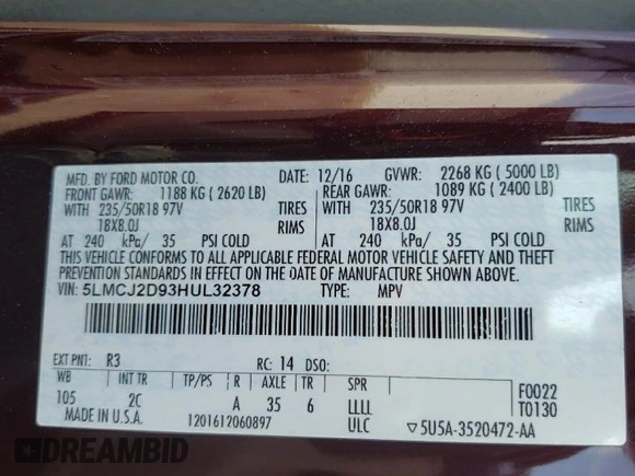 2017 Lincoln MKC Select с VIN 5LMCJ2D93HUL32378, выставлен на аукционе Copart как лот 54201715 с пробегом 96 992 миль миль и Списание • Salvage title. История ставок и продаж доступна на DreamBid. Изображение 12.
