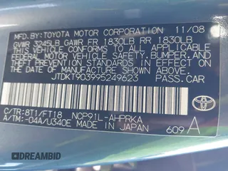 2009 Toyota Yaris with VIN JTDKT903995249623, listed as a IAAI auction lot 41580147 with 177,618 mi miles and . Bid and sale history available at DreamBid. Image 9.