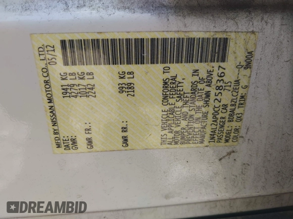 2012 Nissan Altima S z VIN 1N4AL2AP0CC258367, wystawiony jako IAAI lot #41879502 z przebiegiem 202 231 mil mil oraz . Historia ofert i sprzedaży dostępna na DreamBid. Obrazek 9.