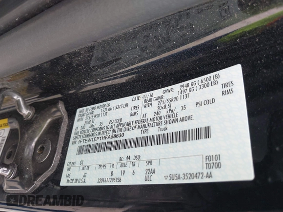 2017 Ford F-150 XL with VIN 1FTEW1EP1HFA58630, listed as a IAAI auction lot 42526747 with 182,514 mi miles and . Bid and sale history available at DreamBid. Image 9.