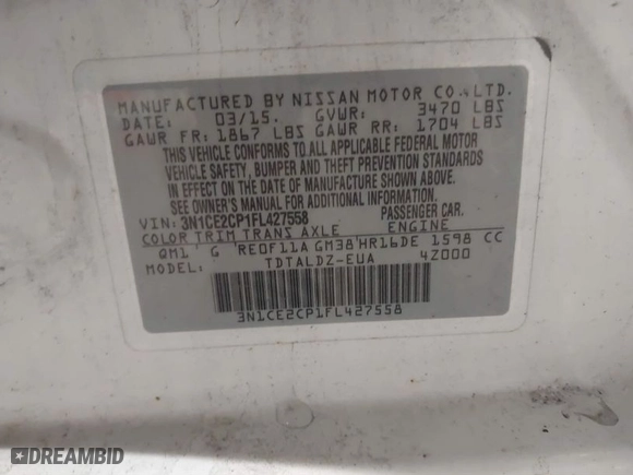 2015 Nissan Versa Note S with VIN 3N1CE2CP1FL427558, listed as a IAAI auction lot 41582537 with 184,663 mi miles. Bid and sale history available at carsss.com. Image 9.
