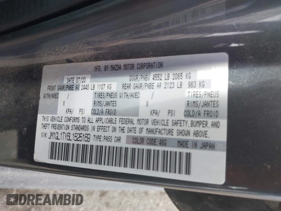 2020 Mazda 6 Grand Touring with VIN JM1GL1TY6L1525169, listed as a IAAI auction lot 41683512 with 73,313 mi miles and . Bid and sale history available at DreamBid. Image 9.