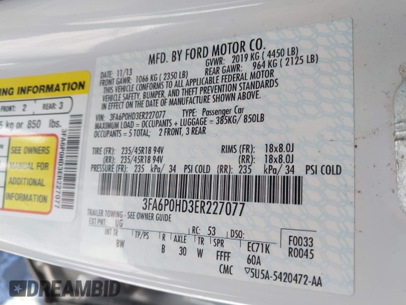 2014 Ford Fusion SE with VIN 3FA6P0HD3ER227077, listed as a IAAI auction lot 42007792 with 82,866 mi miles and . Bid and sale history available at DreamBid. Image 9.