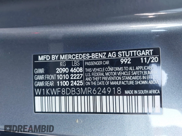 2021 Mercedes-Benz C 300 with VIN W1KWF8DB3MR624918, listed as a IAAI auction lot 41739988 with 63,321 mi miles and . Bid and sale history available at carsss.com. Image 9.