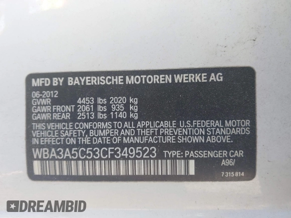 2012 BMW 3 Series 328i with VIN WBA3A5C53CF349523, listed as a IAAI auction lot 42060916 with Not provided miles and . Bid and sale history available at DreamBid. Image 9.