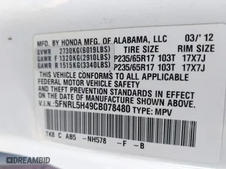 2012 Honda Odyssey EX with VIN 5FNRL5H49CB078480, listed as a IAAI auction lot 41673975 with 136,288 mi miles. Bid and sale history available at carsss.com. Image 9.