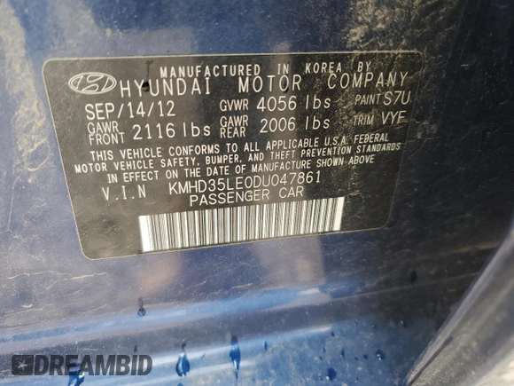 2013 Hyundai Elantra with VIN KMHD35LE0DU047861, listed as a Copart auction lot 59015785 with 55,733 mi miles and Salvage title. Bid and sale history available at DreamBid. Image 12.