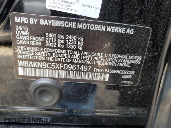 2015 BMW 5 Series 550i with VIN WBAKN9C5XFD961497, listed as a Copart auction lot 79321104 with Not provided miles and Salvage title. Bid and sale history available at DreamBid. Image 13.