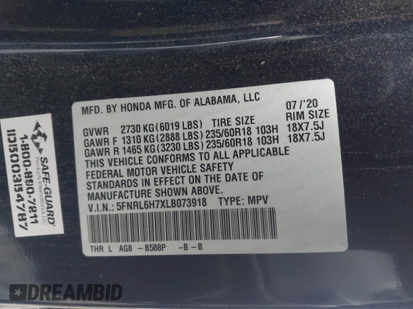 2020 Honda Odyssey EX-L with VIN 5FNRL6H7XLB073918, listed as a IAAI auction lot 41966179 with Not Provided miles. Bid and sale history available at carsss.com. Image 9.