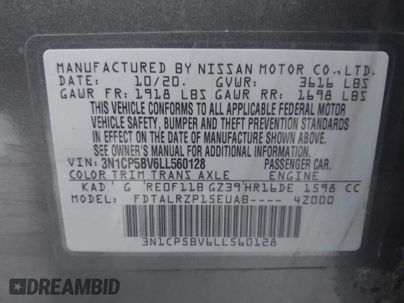 2020 Nissan Kicks S with VIN 3N1CP5BV6LL560128, listed as a IAAI auction lot 41648921 with 74,999 mi miles and . Bid and sale history available at DreamBid. Image 9.