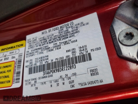 2013 Ford Fusion Titanium with VIN 3FA6P0K98DR122893, listed as a Copart auction lot 87687605 with 79,891 mi miles and Clean Title. Bid and sale history available at DreamBid. Image 12.