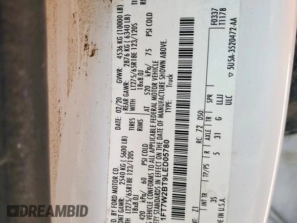 2020 Ford F-250 XL с VIN 1FT7W2BT9LED05780, выставлен на аукционе Copart как лот 60284965 с пробегом 130 941 миль миль и Списание • Salvage title. История ставок и продаж доступна на DreamBid. Изображение 12.