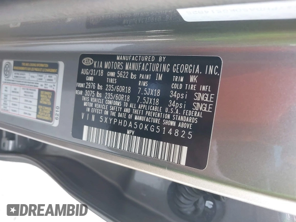 2019 Kia Sorento EX with VIN 5XYPHDA50KG514825, listed as a IAAI auction lot 41612310 with 100,855 mi miles and . Bid and sale history available at DreamBid. Image 9.