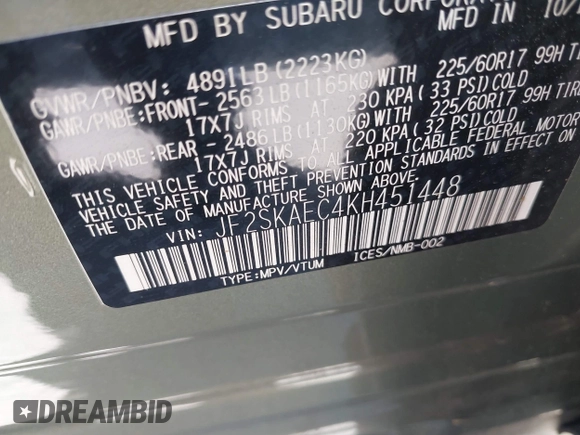2019 Subaru Forester Premium with VIN JF2SKAEC4KH451448, listed as a IAAI auction lot 42279690 with 99,219 mi miles and . Bid and sale history available at DreamBid. Image 9.