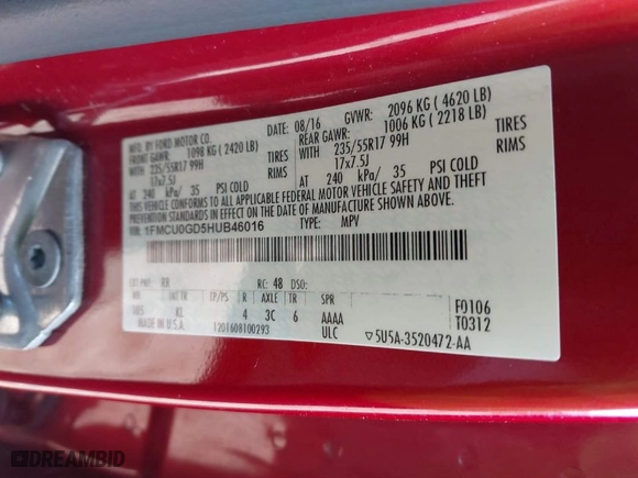 2017 Ford Escape SE with VIN 1FMCU0GD5HUB46016, listed as a IAAI auction lot 41776549 with 163,081 mi miles. Bid and sale history available at carsss.com. Image 9.