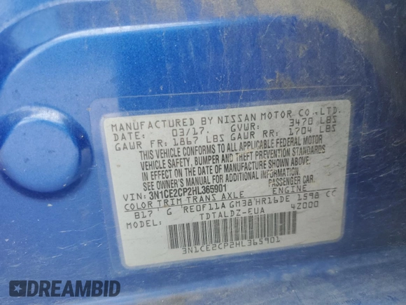 2017 Nissan Note SV with VIN 3N1CE2CP2HL365901, listed as a Copart auction lot 56646765 with 143,499 mi miles and Salvage title. Bid and sale history available at DreamBid. Image 13.