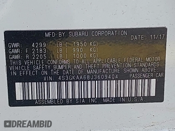 2018 Subaru Impreza with VIN 4S3GKAA68J3609404, listed as a IAAI auction lot 41954733 with 214,560 mi miles and . Bid and sale history available at DreamBid. Image 9.