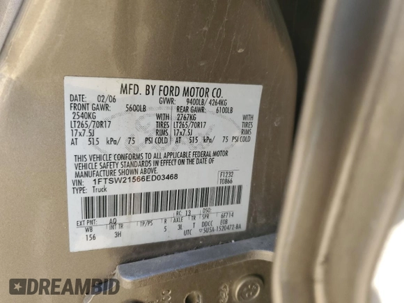 2006 Ford F-250 XL z VIN 1FTSW21566ED03468, wystawiony jako Copart lot #47641765 z przebiegiem 136 368 mil mil oraz Szkoda całkowita • Salvage title. Historia ofert i sprzedaży dostępna na DreamBid. Obrazek 14.
