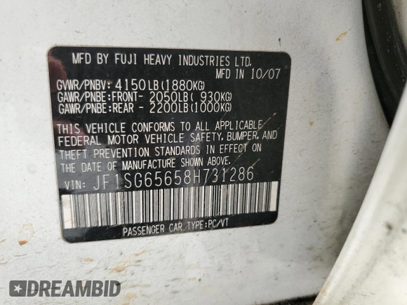 2008 Subaru Forester X с VIN JF1SG65658H731286, выставлен на аукционе Copart как лот 42414825 с пробегом 158 449 миль миль и Списание • Salvage title. История ставок и продаж доступна на DreamBid. Изображение 13.