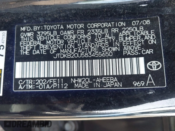 2008 Toyota Prius with VIN JTDKB20U583455650, listed as a IAAI auction lot 42138597 with 228,292 mi miles. Bid and sale history available at carsss.com. Image 9.