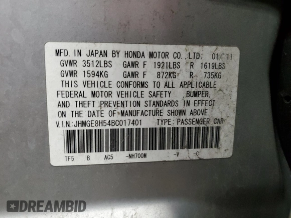 2011 Honda Fit Sport with VIN JHMGE8H54BC017401, listed as a Copart auction lot 55664275 with 216,774 mi miles and Non Repairable. Bid and sale history available at DreamBid. Image 14.