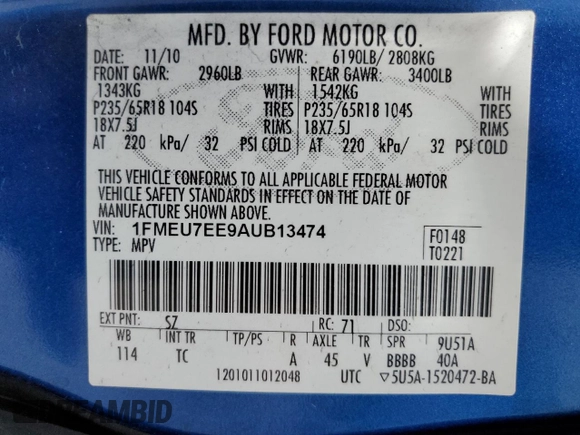 2010 Ford Explorer Eddie Bauer с VIN 1FMEU7EE9AUB13474, выставлен на аукционе Copart как лот 60557355 с пробегом 198 268 миль миль и Списание • Salvage title. История ставок и продаж доступна на DreamBid. Изображение 13.