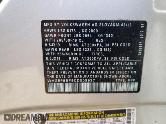 2012 Volkswagen Touareg Exec with VIN WVGEF9BP9CD009937, listed as a Copart auction lot 59622944 with Not Provided miles and Clean Title. Bid and sale history available at DreamBid. Image 12.