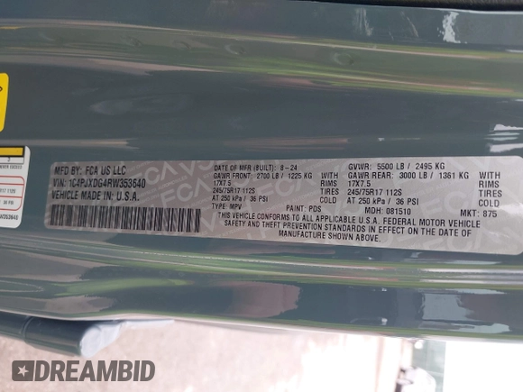 2024 Jeep Wrangler Sport S with VIN 1C4PJXDG4RW353640, listed as a IAAI auction lot 42152688 with Not provided miles and . Bid and sale history available at DreamBid. Image 9.