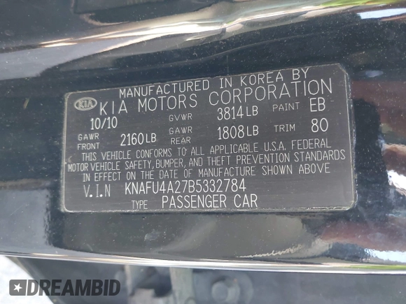 2011 Kia Forte EX with VIN KNAFU4A27B5332784, listed as a IAAI auction lot 42152645 with 237,077 mi miles. Bid and sale history available at carsss.com. Image 9.