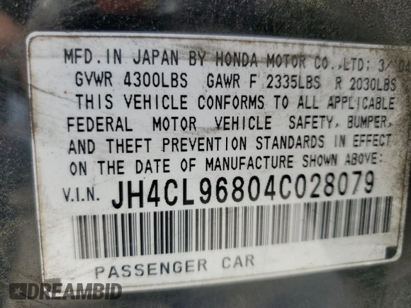 2004 Acura TSX with VIN JH4CL96804C028079, listed as a Copart auction lot 54980475 with 180,083 mi miles and Salvage title. Bid and sale history available at DreamBid. Image 12.