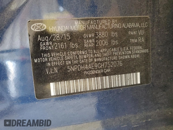 2016 Hyundai Elantra SE with VIN 5NPDH4AE9GH752076, listed as a Copart auction lot 86973604 with 115,268 mi miles and Clean Title. Bid and sale history available at DreamBid. Image 12.