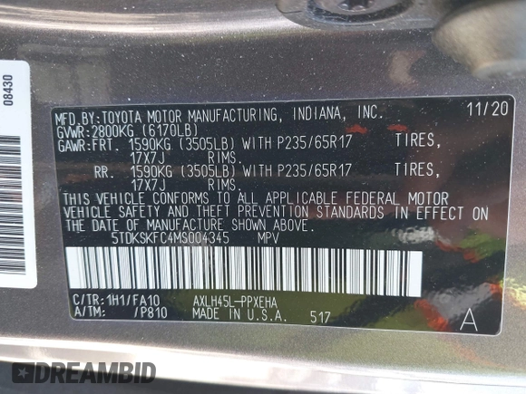 2021 Toyota Sienna LE with VIN 5TDKSKFC4MS004345, listed as a IAAI auction lot 42145140 with 103,544 mi miles and . Bid and sale history available at DreamBid. Image 9.