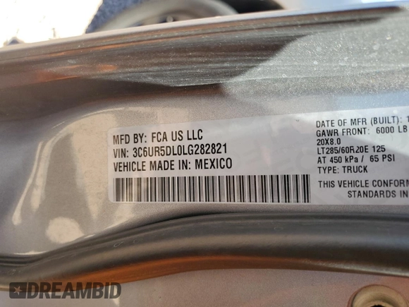 2020 Ram 2500 Big Horn with VIN 3C6UR5DL0LG282821, listed as a Copart auction lot 55799715 with 55,160 mi miles and Salvage title. Bid and sale history available at DreamBid. Image 13.