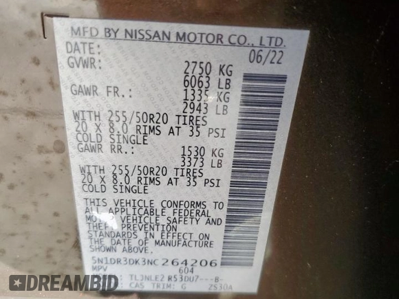 2022 Nissan Pathfinder Platinum z VIN 5N1DR3DK3NC264206, wystawiony jako Copart lot #48926535 z przebiegiem 251 456 mil mil oraz Czysty tytuł • Clean title. Historia ofert i sprzedaży dostępna na DreamBid. Obrazek 12.