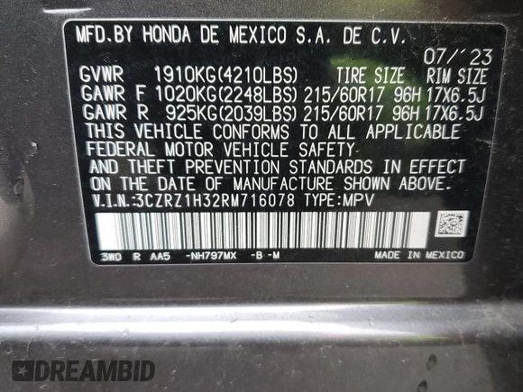 2024 Honda HR-V LX with VIN 3CZRZ1H32RM716078, listed as a Copart auction lot 80433714 with 31,631 mi miles and Salvage Title. Bid and sale history available at carsss.com. Image 13.