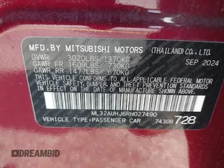 2024 Mitsubishi Mirage ES z VIN ML32AUHJ6RH027490, wystawiony jako IAAI lot #42329588 z przebiegiem 10 236 mil mil oraz . Historia ofert i sprzedaży dostępna na DreamBid. Obrazek 9.