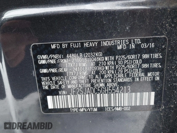 2016 Subaru Forester Premium with VIN JF2SJADC5GH554213, listed as a IAAI auction lot 41318047 with 107,985 mi miles and . Bid and sale history available at carsss.com. Image 9.